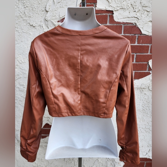 Large women LANE CRAWFORD faux leather zip shirred long sleeve jacket FLAWS - Picture 14 of 16